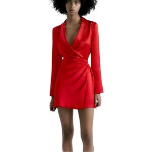 Zara Red satin  Dress with Plunge Neckline